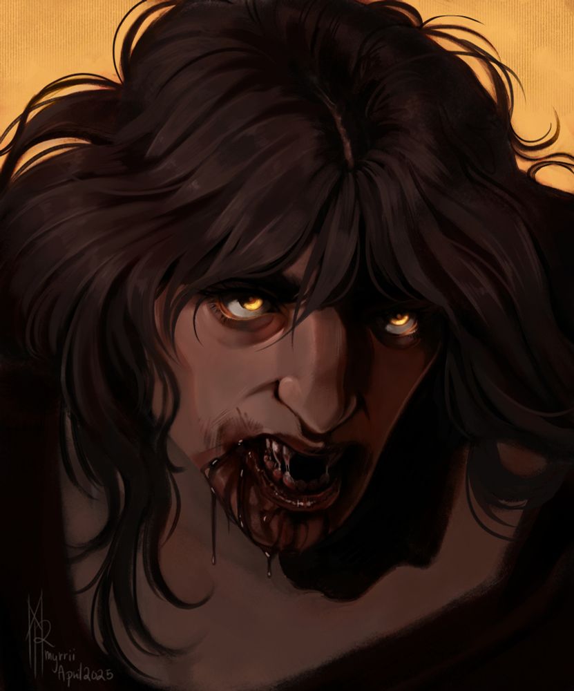 A portrait of a woman against a bright orange background, she is hunched over looking off to the side with a murderous look. Her mouth is open and covered in blood, fangs on display.