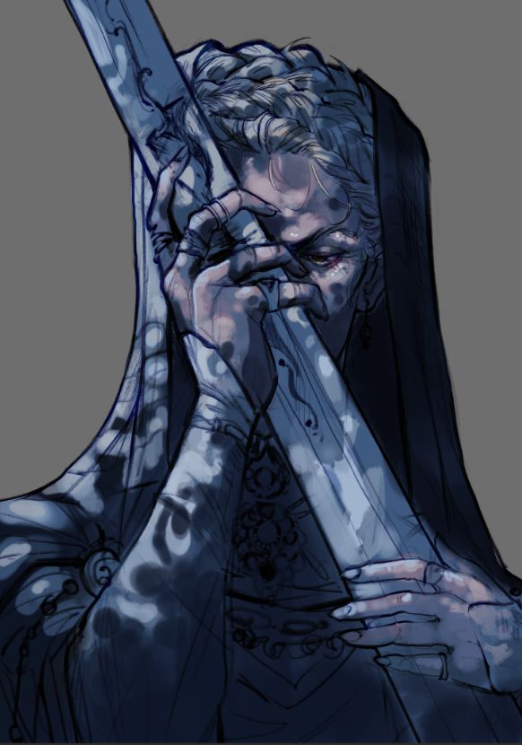 A work in progress of a woman with a stern stare holding a sword so it covers most of her face. The colours in the picture are mostly blue, and the character is lit with dappled lighting.