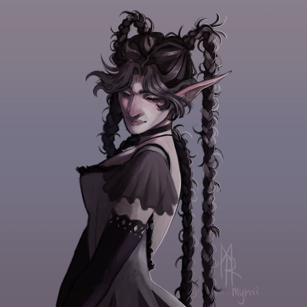 Drawing of an elven woman, head tilted down with a serene expression on her face. Notable features are her complete black eyes, along with her unnaturally pale skin. Her hair is long and in varied shades of black and greyish purple, styled in braided pigtails high on her head. 