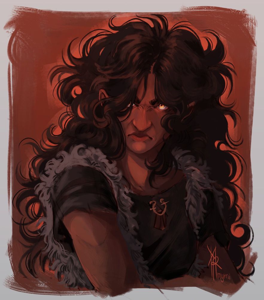 Portrait of a young woman with wild, dark hair and glowing, golden eyes. She has an angry expression, and her pose is guarded. She's wearing a dark shirt with a bronze brooch and a fur vest.