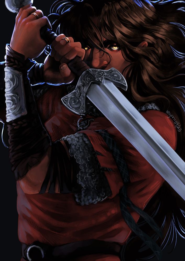 A woman wielding a sword stares intensely at the viewer. Her eyes are an eerie, glowing amber, and her attire is reminiscent of Viking armour/aesthetic. 
