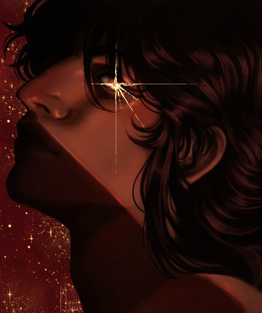 A portrait of a woman named Modgunn. Her face is halfway shadowed, the other half brightly lit in firey light. Her eyes glows, trailing lights sprouting out from it like a trail behind a comet. The background is a deep red speckled with stars.