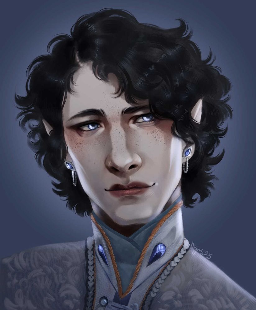 Portrait of a young, elven man. The tone of the portrait is blue, from the background to his clothes, accessories and his eyes, which contrast with his black curls and very pale skin. 