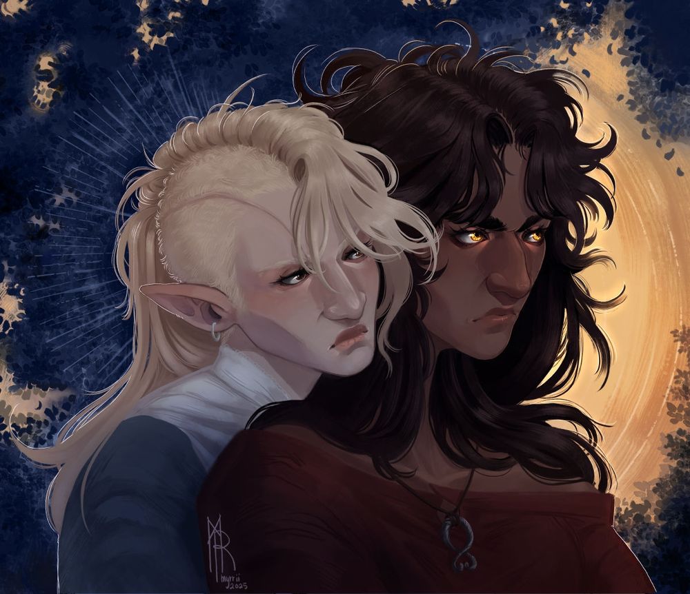 Illustration of two women. The first woman has long, blonde hair in an undercut, a scar going over her shaved side. She is pale with deep brown eyes and a severe look, gently leaning over to look at the other woman. The second woman has wild, dark hair and brown skin, and is looking into the distance, expression set in a deep frown. Her eyes are a golden amber which glow slightly, a hint of the glow reflected in the skin around her eyes. The background is a mix of blue leaves and glowing light, mirroring the colour palettes of the two characters.