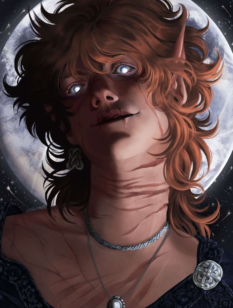 Portrait of a figure in front of a glowing moon, matching their glowing eyes as they stare down at the viewer. Their hair is a reddish ginger in a wild, uncontrolled style, reminiscent of a wolf-cut. Several scars cover most of their skin, ranging from smaller cuts to deep groves, most being concentrated in slashes across their throat. The air of the artwork is menacing and otherwordly, the figure's posing is intimidating. 