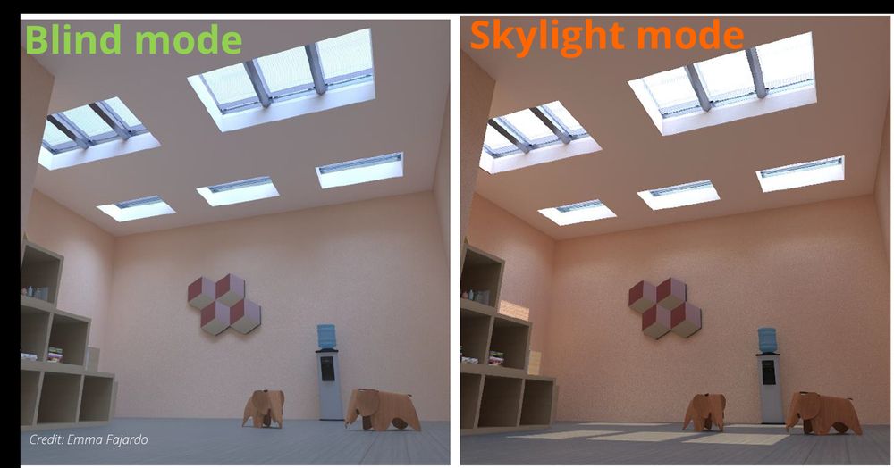 Our module can be set to a high-transmission mode to transmit most of the direct sunlight towards the building for increased daylighting. This active dayligthing management function is unique. Image credit: Emma Fajardo, 2025