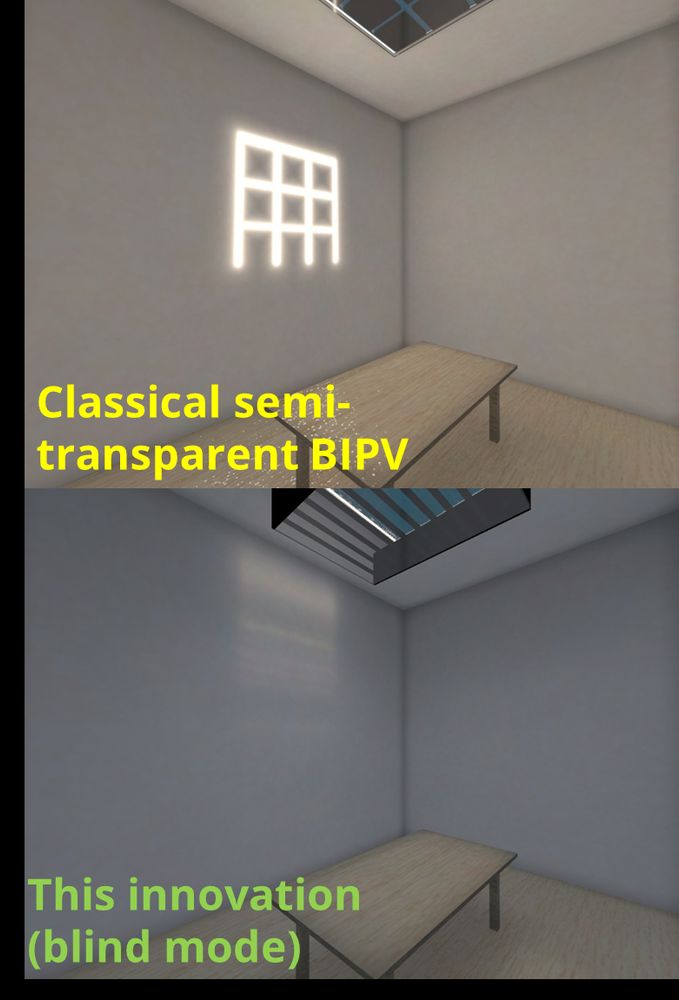Photorealistic render of a classical semi-transparent PV glazing skylight (top) and our smart CPV module set up to produce electricity from direct light and soft homogeneous daylighting from diffuse light (bottom).