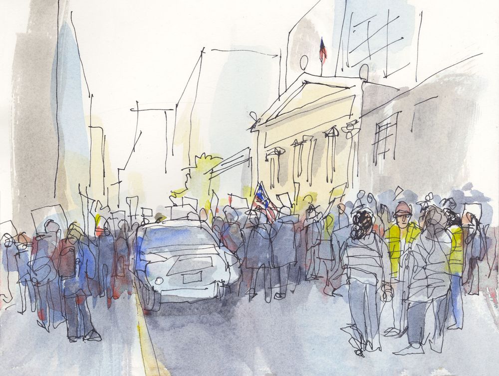 Protesters filling the street in front of Senator Padilla's office in Bush Street, San Francisco.