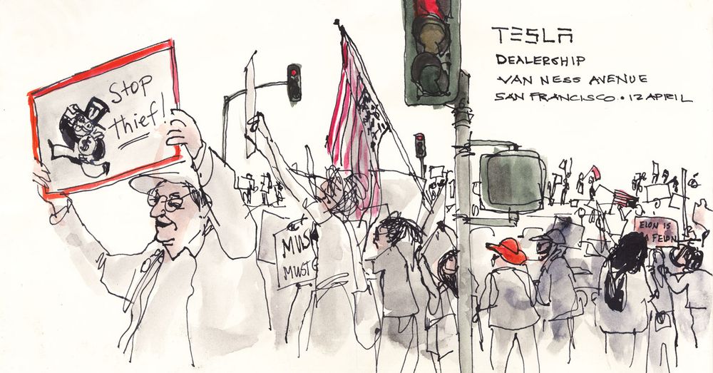 Ink and watercolor sketch of protesters outside the San Francisco Tesla dealership waving upside-down American flags and signs with the Monopoly banker image saying "Stop Thief!" and similar things. Also "Musk Must Go", "Elon is a Felon" and many more. Lots of red lights in the picture too.