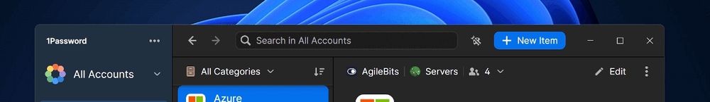 1Password title bar full of buttons and a giant search bar