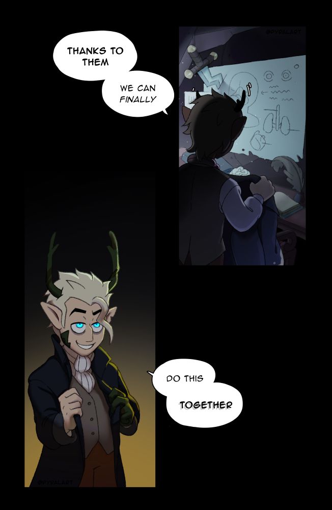 The next panel shows the grimwalker, currently Belos, with horns sprouting from his head. He is taking up his (Caleb's) coat from a chair, continuing: "Thanks to them, we can finally-"

"Do this together" He ends in the next panel, tugging on his coat and smirking menacingly as his horns fully grew out of his head.