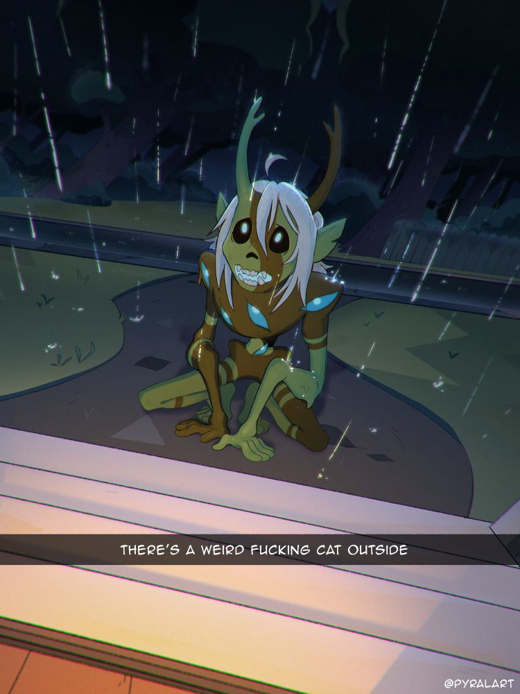 Drawing of Belos/Philip Wittebane from the cartoon "The Owl House" is in his monster form, in front of Luz's door while it's raining. He looks small and cute, pleading. There is a caption on the drawing, saying; there's a weird fuckin cat outside.
