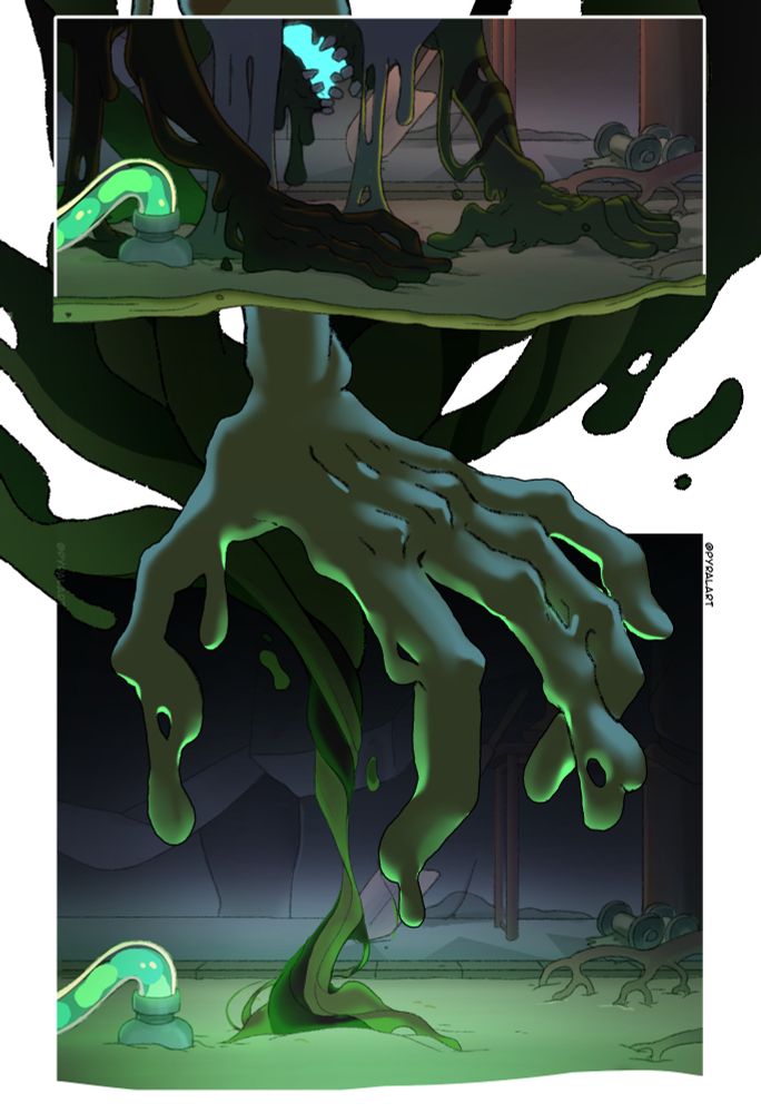 Belos is slowly melting into the ground in a horrific manner. In the background a goopy hand is reaching down as it shows all the goop disappearing in the ground as a green glow emanates from the earth.