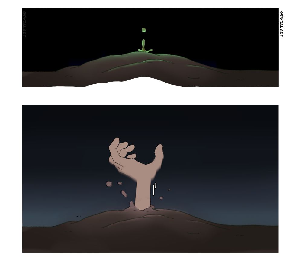 A last drop of goop is seen on the ground before disappearing completely.

Next panel, a hand emerges straight from the ground.