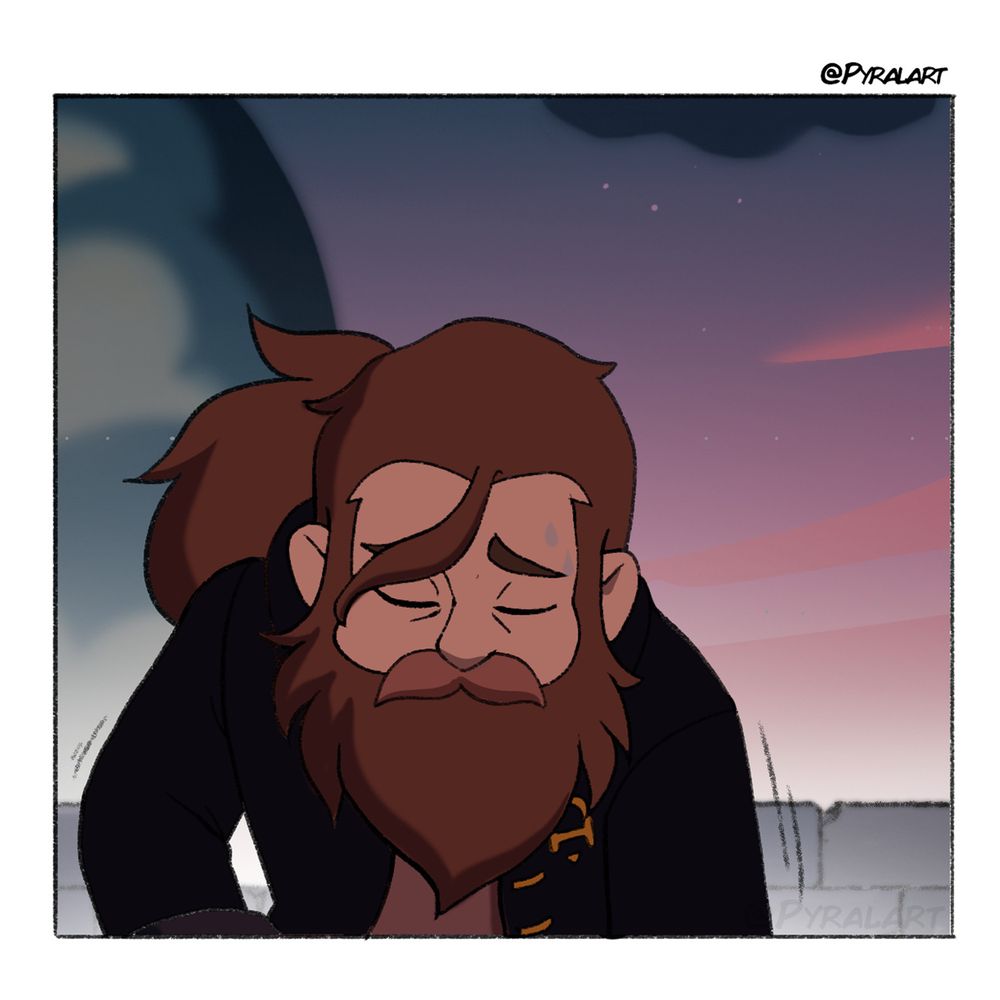 He gets up, looking sad and thinking, some sweat drops are on his face