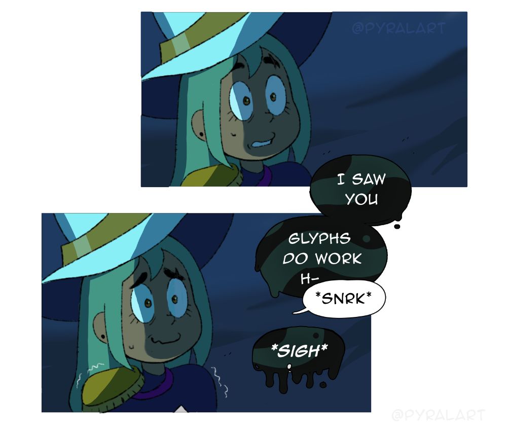 Luz is looking scared. Belos continues "I saw you, glyphs do work h-". He is cut off by a repressed laugh coming from Luz as she looks at him. He sighs.