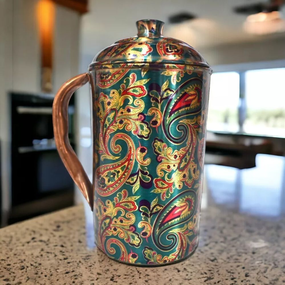 Brocade Printed Pure Copper Jug with 4 Glass – Stylish, Eco-Friendly Copper Water Jug for Health and Hydration | THE FLYING TREE