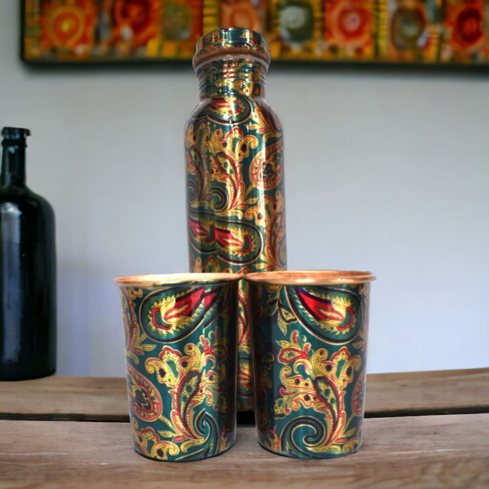 Brocade Printed Copper Bottle with 2 Glass set - Eco-Friendly & Stylish Copper Water Bottle | THE FLYING TREE