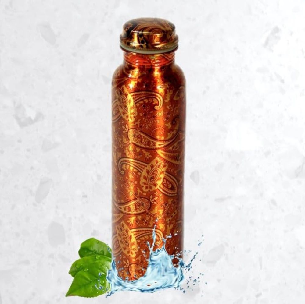 Red Brocade Printed Copper Bottle 1 Ltr – Stylish, Eco-Friendly Copper Water Bottle for Health and Hydration | THE FLYING TREE