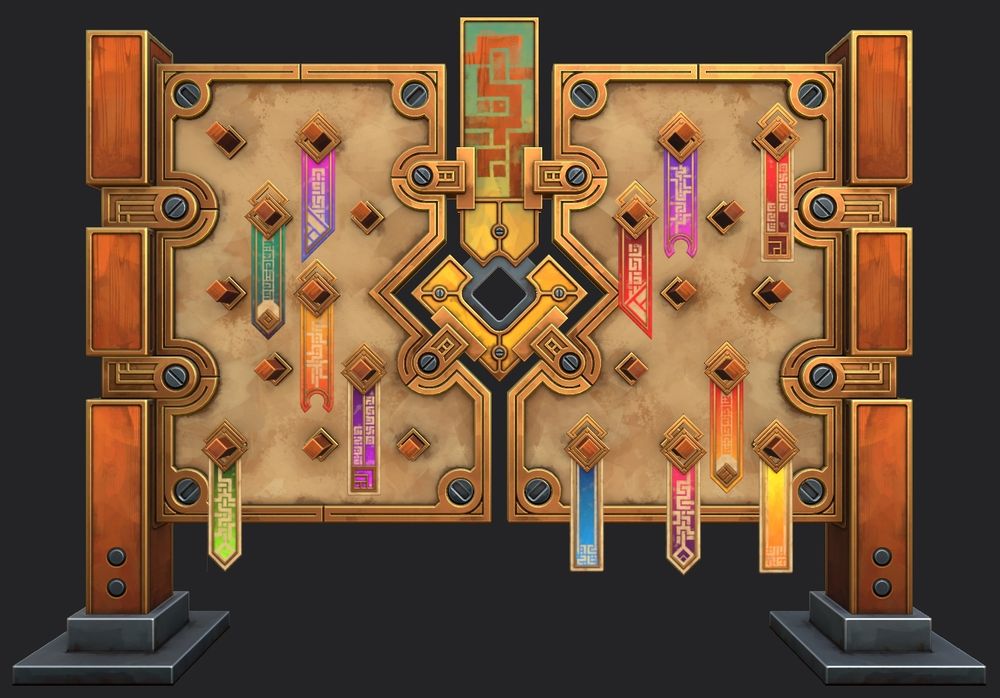 A jobs board clad in parchment and supsended between two wooden posts. The whole object is trimmed in a golden metal. Protruding from the backboard are wooden pegs for colourful fabric sigils to be hung upon. These denote job types and details and their position on the board indicates difficulty. Starting from low to high.