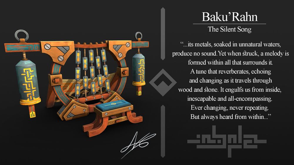A render of a fictional instrument that features a stool, two bells and a series of metal plates suspended by ropes within a curved frame. The text to the side reads: “... its metals, soaked in unnatural waters, produce no sound. Yet when struck, a melody is formed within all that surrounds it. A tune that reverberates, echoing and changing as it travels through wood and stone. It engulfs us from inside, inescapable and all-encompassing. Ever changing, never repeating. But always heard from within…” 