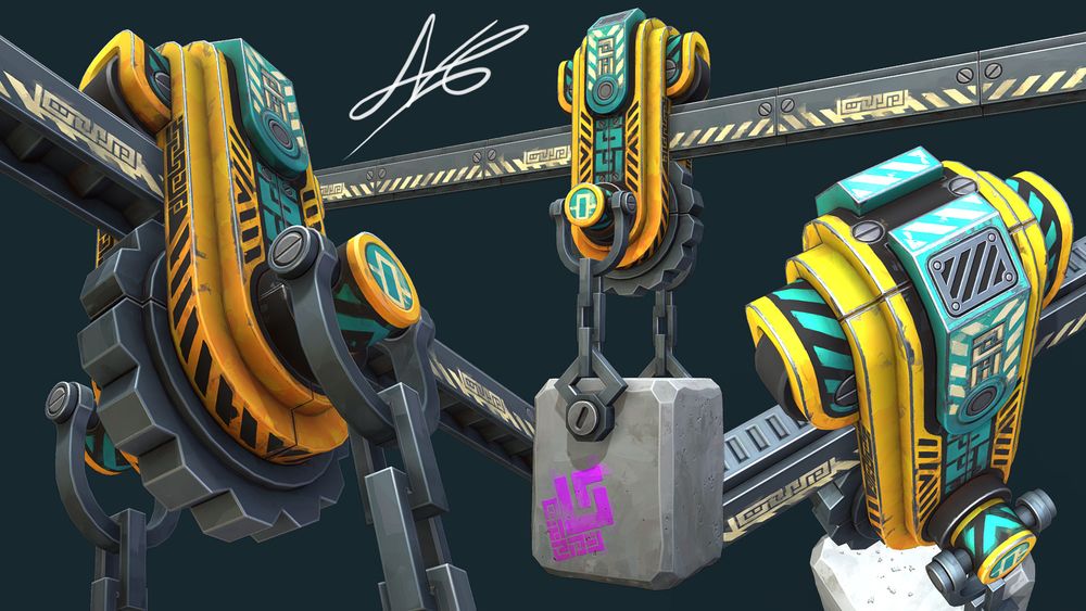 A tall, narrow mechanical construct designed for moving cargo in an industrial setting. The large gear beneath it uses grooves within the rail to move it back and forth while the wheels atop allow it move smoothly. 