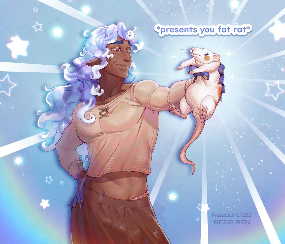 My OC Hoeus holding his fat rat, Rattus the fattus. The text in the image says "presents you a fat rat"