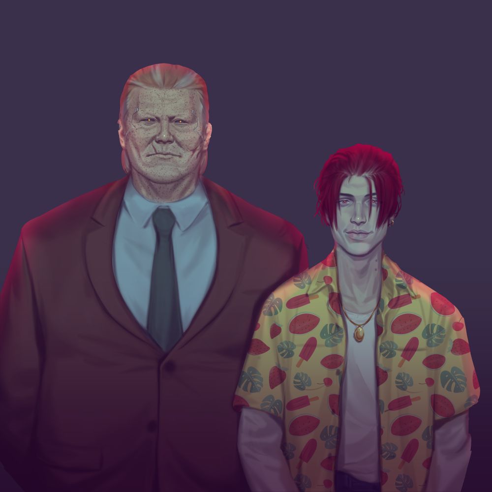 two men stand shoulder-to-shoulder in waist-up portraits, facing the viewer. the man on the left is significantly taller, heavier, broader, and visibly older, with a scarred and rugged, serious face and glowing cyber-eyes, but dressed in a plain brown business suit. The smaller and younger man on the right is smiling and dressed more casually in a bright hawaiian shirt and jeans, and has extremely pale skin and two puncture marks on one side of his neck. the backgrouns is plain grey and the figures are backlit in red light.