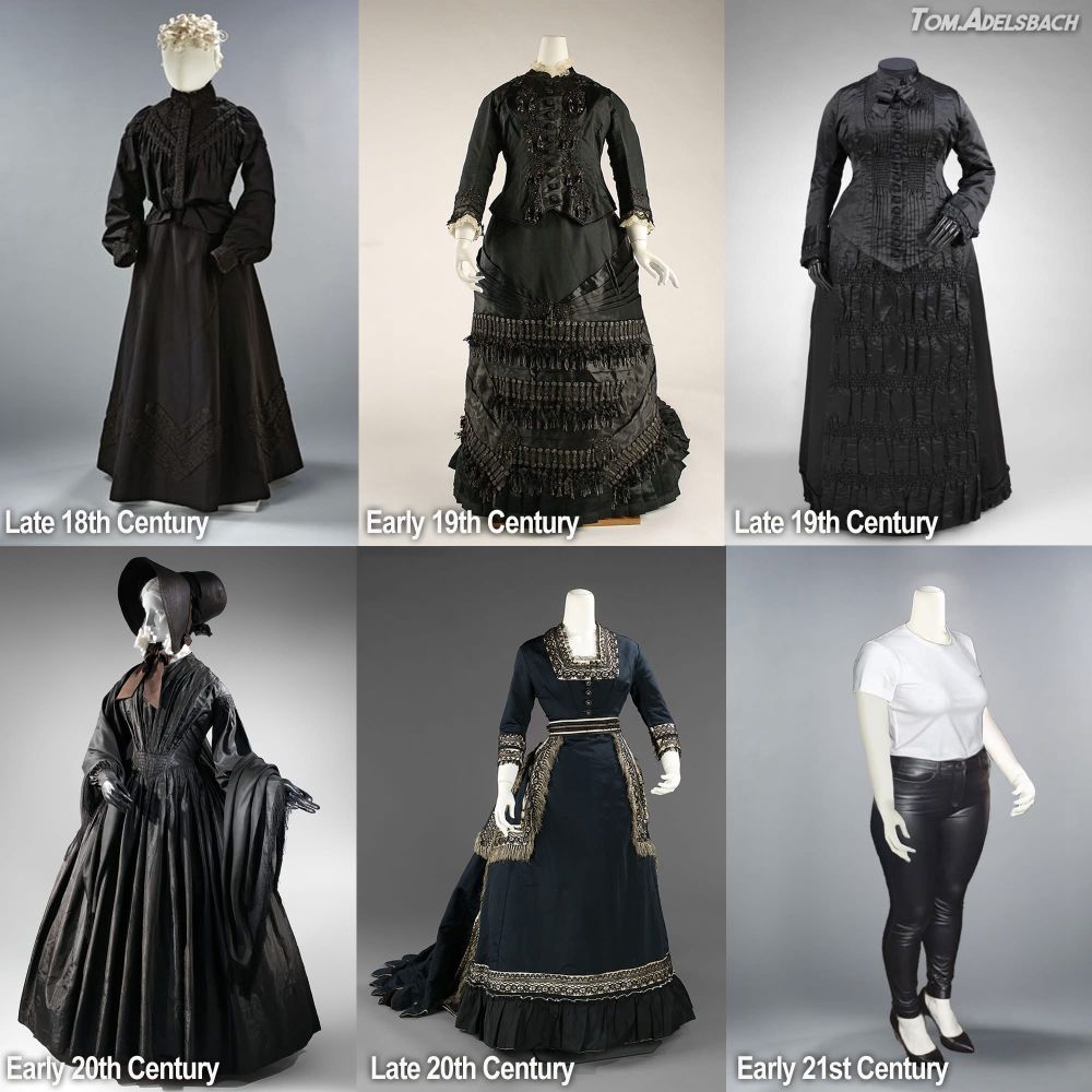A look back at traditional mourning clothing for women.  Black dresses until modern times. Now black leather pants are appropriate in some circles. 