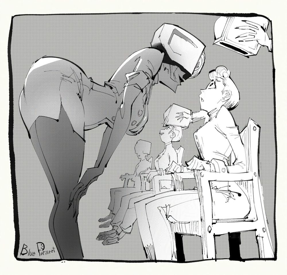 3 women sit in chairs with their arms locked into the chairs. One taller woman with a TV over her head leans in and is looking at the closest woman in a chair. The closest woman is staring into the TV. The next closest woman has been hypnotized, and a TV is being placed on her head. The furthest woman has a TV o her head and has a blank smile