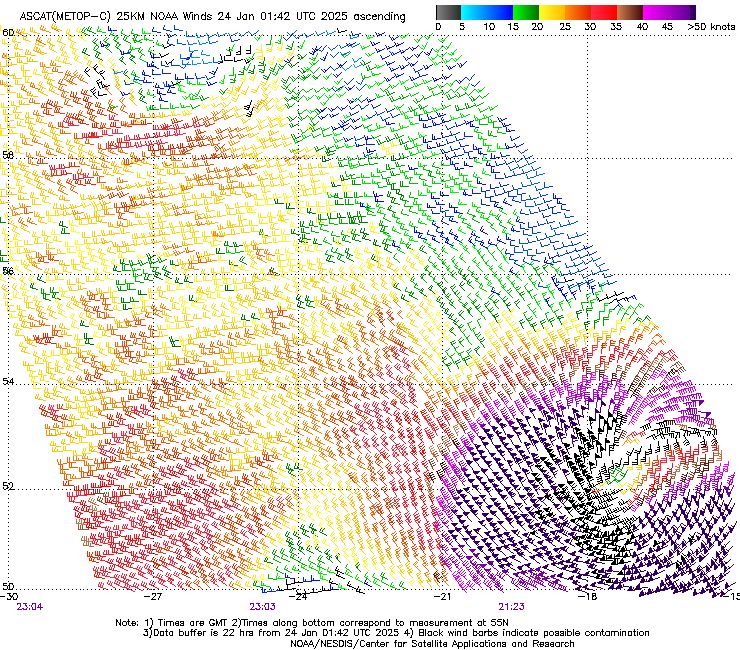 Image shows Advanced Scatterometer winds from MetOp-C. From the European Space Agency (ESA): ASCAT uses radar to measure the electromagnetic backscatter from the wind-roughened ocean surface, from which data on wind speed and direction can be derived. 