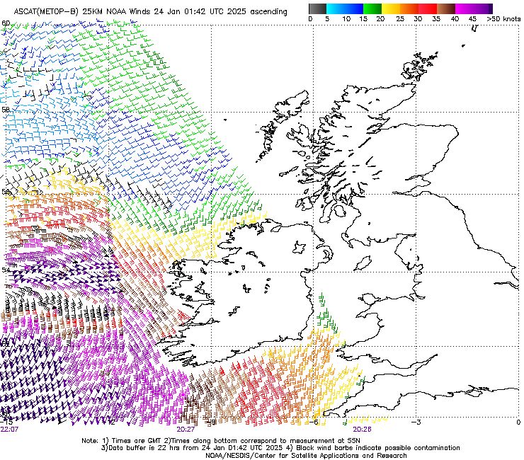 Image shows Advanced Scatterometer winds from MetOp-B. From the European Space Agency (ESA): ASCAT uses radar to measure the electromagnetic backscatter from the wind-roughened ocean surface, from which data on wind speed and direction can be derived.