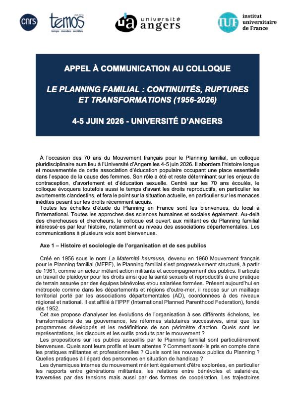 Appel à communication pour un colloque pour les 70 ans du Planning familial. Le texte de l'appel est disponible intégralement ici : https://www.asso-h2c.fr/2025/05/19/appel-a-communication-pour-les-70-ans-du-planning-familial/ 