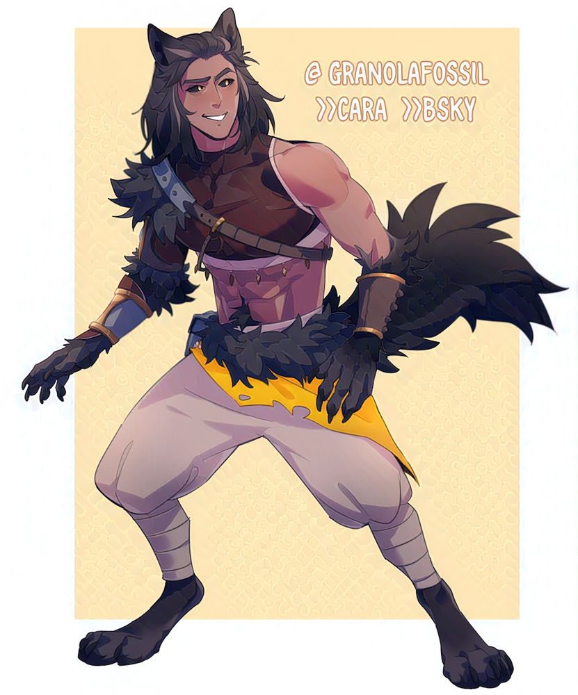 A color illustration of a fantasy character, Anrü. He is humanoid in appearance, but for his wolf-like legs, tail, arms, and ears. His skin is tan in color and both his fur and hair are dark brown. His clothing is simple, leaving his midriff exposed, and he wears forearm guards on both his arms.