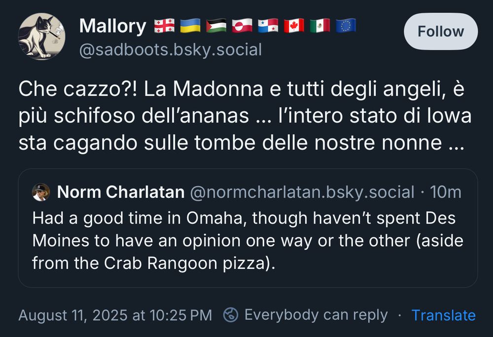 Post about Omaha’s Crab Rangoon Pizza and angry Italian quote post