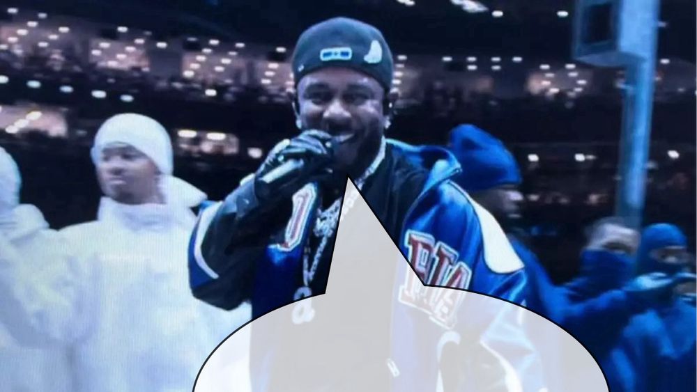 Kendrick Lamar at the Super Bowl Halftime show with a big quote bubble so it looks like he’s saying the quoted post