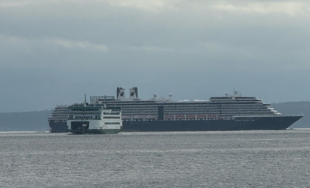 A giant cruise ship passing behind a Washington State Ferry