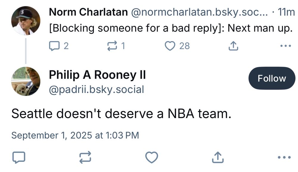 Guy replying saying “Seattle doesn’t deserve a NBA team.”