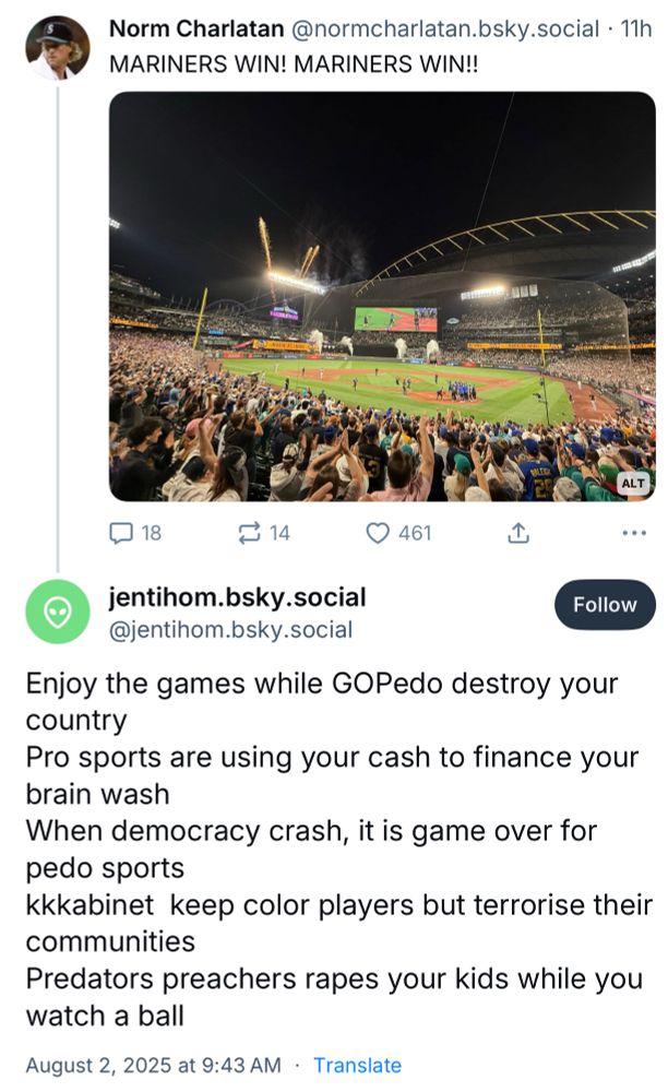 A person writing a crazy tweet replies to a tweet about a Mariners win