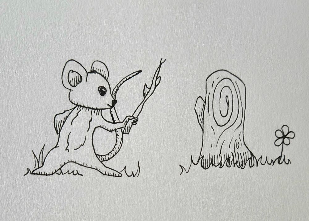 A black and white pen drawing of a tiny mouse in a human like pose holding a twig with thorns. The mouse is in a sword fighting pose next to a stump that looks like a target that they are fighting. There is grass and a small flower. 