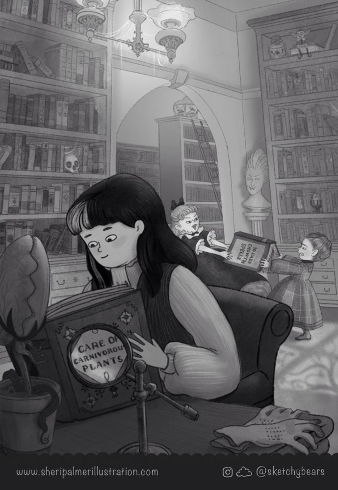 A girl reading a book on 'care of carnivorous plants' in a spooky library. A vampire girl and a werewolf girl argue over a spell book called '10 Easy Growth Spells' in the background.