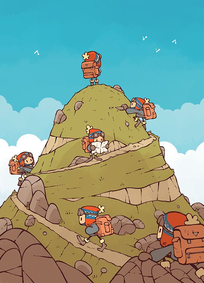 an illustration showing the progress of a character as they ascend a hill to enjoy the view at the top