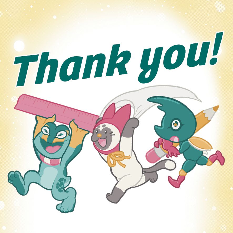 Three cute, illustrated characters - a frog, cat and beetle - run underneath the words 'thank you'