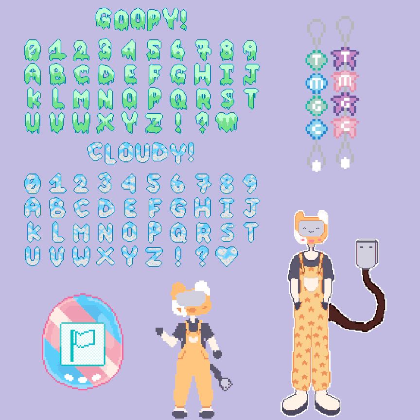 pixel art pieces, including a slime themed letter set and a sky themed letter set, there are also two beaded strand charms to the side, as well as a tamagotchi with the trans pride flag colours, a small animation of the humanoid tamagotchi dancing, as well as a bigger drawing of the same humanoid tamagotchi standing with a USB tail out its back