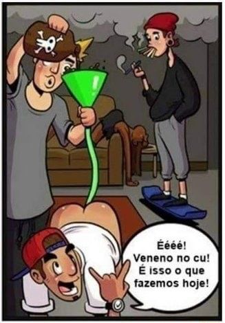 Dois jovens estão cumprindo a nova lei 88 6969 e um deles diz “É! Veneno no cu! É isso que fazemos hoje!” enquanto um terceiro assiste enquanto fuma um maço inteiro de cigarros de uma vez só 