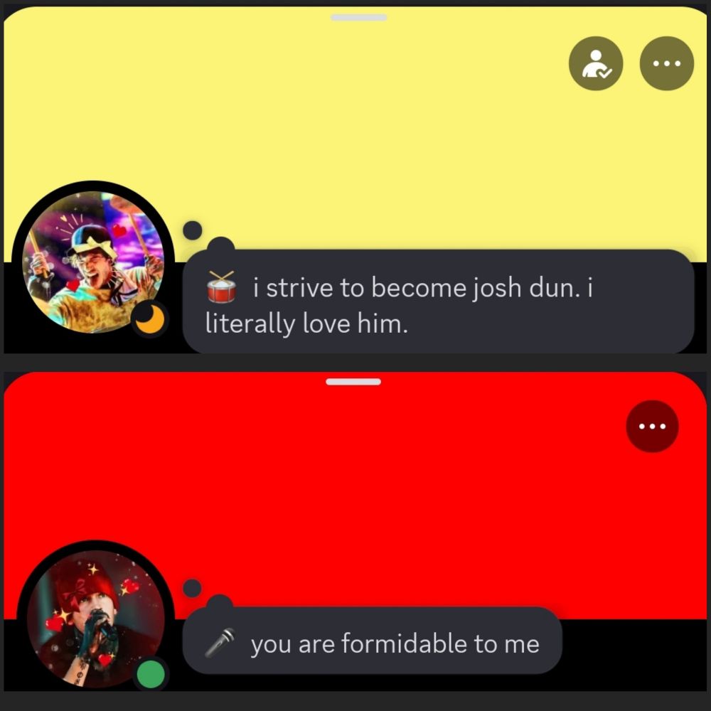 Two Discord profiles. Top: yellow banner; profile picture of Josh Dun mid-drumming, tongue stuck out, with filters and heart stickers edited onto it; status is the drum emoji and reads "i strive to become josh dun. i literally love him." Bottom: red banner; profile picture of Tyler Joseph singing into a mic, heart and bow stickers edited onto it, with a dreamy filter; status is the microphone emoji and reads "you are formidable to me".