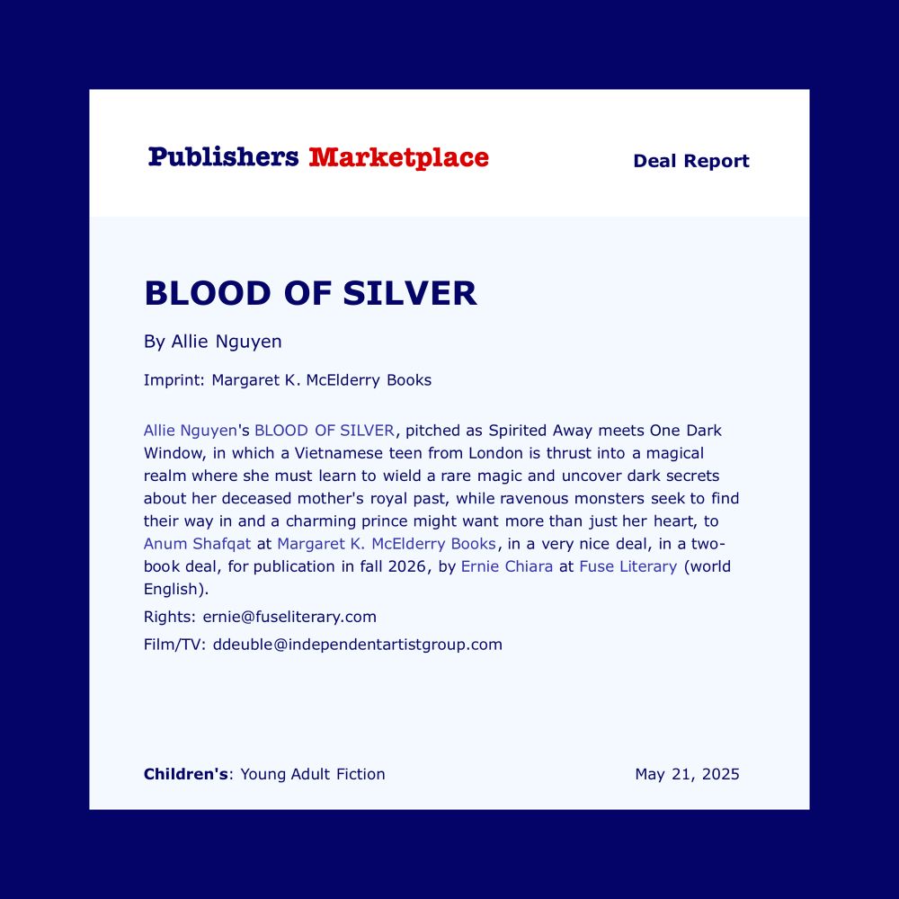 Book deal announcement for Allie Nguyen’s YA fantasy Blood of Silver.
