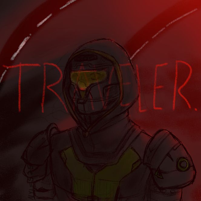 Digital art, my own work. A shadowy piece with red light illuminating from behind an armored, suited figure. The word "TRAVELER" is translucently written in red over top of the figure.