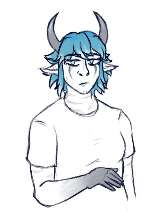 Digital art, my own work. A half-colored sketch of an original character. She is a half-demon with short blue hair, two horns, pointy ears and striped facial markings. Her skin town darkens towards her hands, and she wears a plain t-shirt.