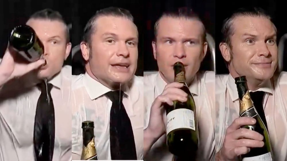 Image is a triptych (except it's four images - what's that called?  A quartych?) of Pete Hegseth in a wet white shirt and black tie as he consumes champagne directly from the bottle, looking very, very drunk.   